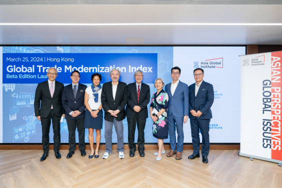 (From left) Howard Lee, Deputy Chief Executive, Hong Kong Monetary Authority; Curtis S. Chin, Asia Fellows; Senior Advisor, Global Markets, Milken Institute; Pamela Mar, Managing Director, Digital Standards Initiative, International Chamber of Commerce; John Tsang, Founder, Esperanza; Andrew Sheng, Distinguished Fellow, Asia Global Institute, HKU; Marjorie Yang, Chairman, Esquel Group; Heiwai Tang, Director, Asia Global Institute, HKU; and Sebastian Man, Chairman and Chief Executive Officer, Chung Mei International Holdings Limited
 