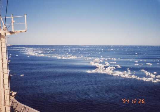 Photos of the Southern Ocean. This photo was taken during a cruise in the 1990s, during which scientists collected the sediment core that forms the basis of this study.  Photo credit: Minoru Ikehara.
 