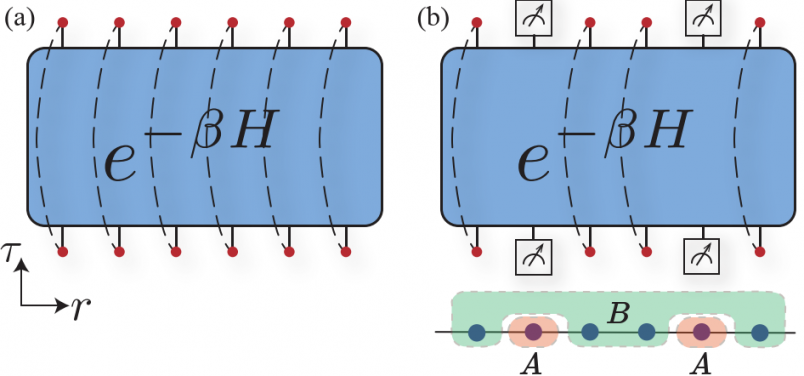 Figure 2. Sampling the reduced density matrix (RDM) in path-integral quantum Monte Carlo (QMC). Panel (a) shows the partition function in the space time manifold appearing in usual QMC simulations. Panel (b) shows how the RDM is sampled in such QMC simulations, where one imposes open boundary conditions in time for the skeletal sites in subregion A. The lower panel in (b) demonstrates the spatial partition of A and B in such a setting.
 