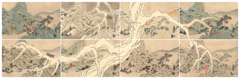 Meta-3
YAU Wing Fung (*1990 in Hong Kong)
2024
Ink and colour on paper
set of 8
H 89 x W 278 cm (H 44.5 x W 69.5 cm each)